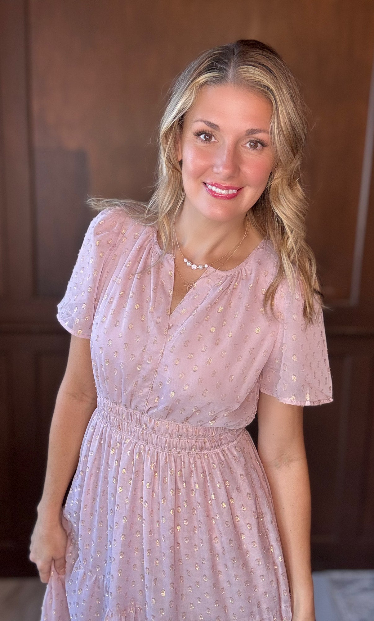 Sophia Blush Metallic Dot Tiered Midi Dress – Feminine Occasion Wear