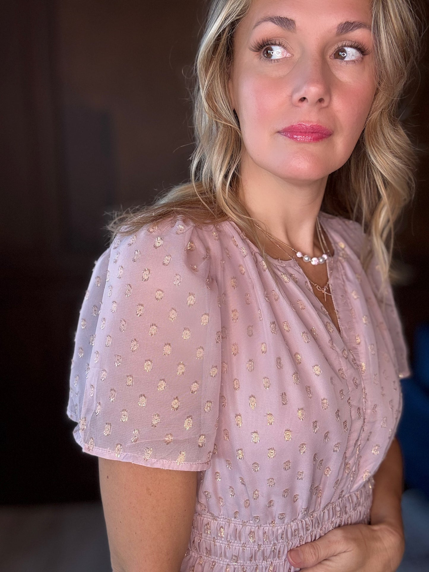 Sophia Blush Metallic Dot Tiered Midi Dress – Feminine Occasion Wear