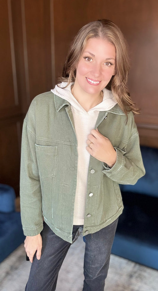 Crissy Twill Distressed Jacket – Cotton Utility Layer with Pleated Back