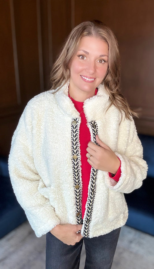 Chancie Teddy Jacket with Tape Trim Detail – Ivory Cozy Statement Layer