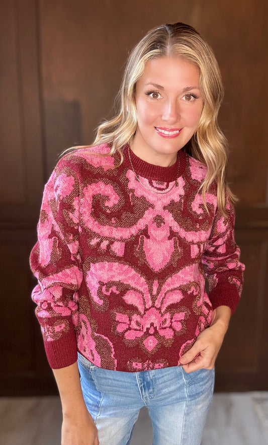 Shayla Jacquard Sweater – Burgundy & Pink Knit