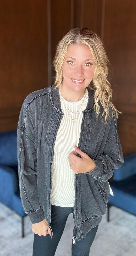 Birdie Washed Cotton Exposed Seam Bomber Jacket