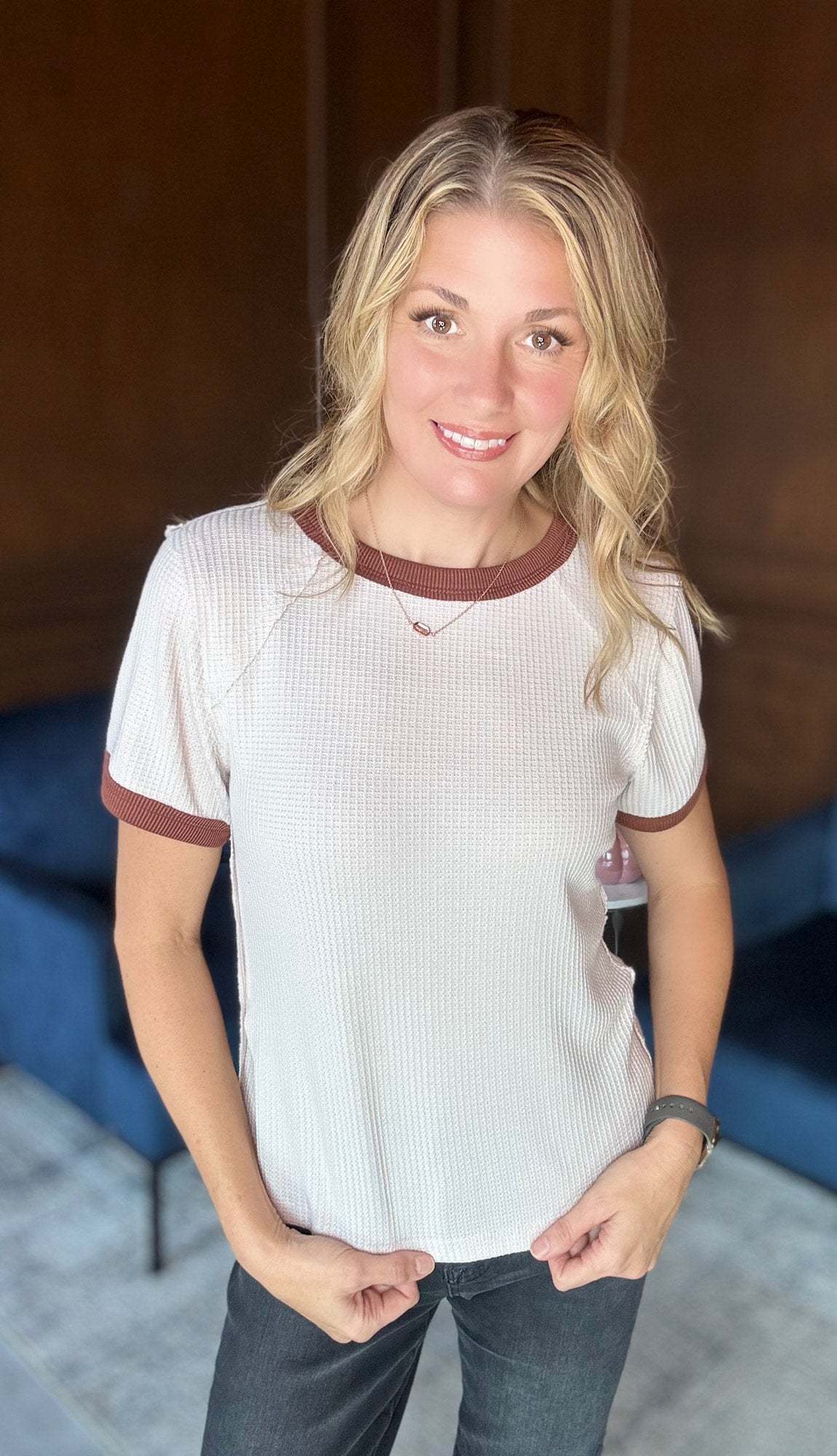 Raze Textured Waffle Tee – Raw Edge Everyday Top in Taupe & Rust