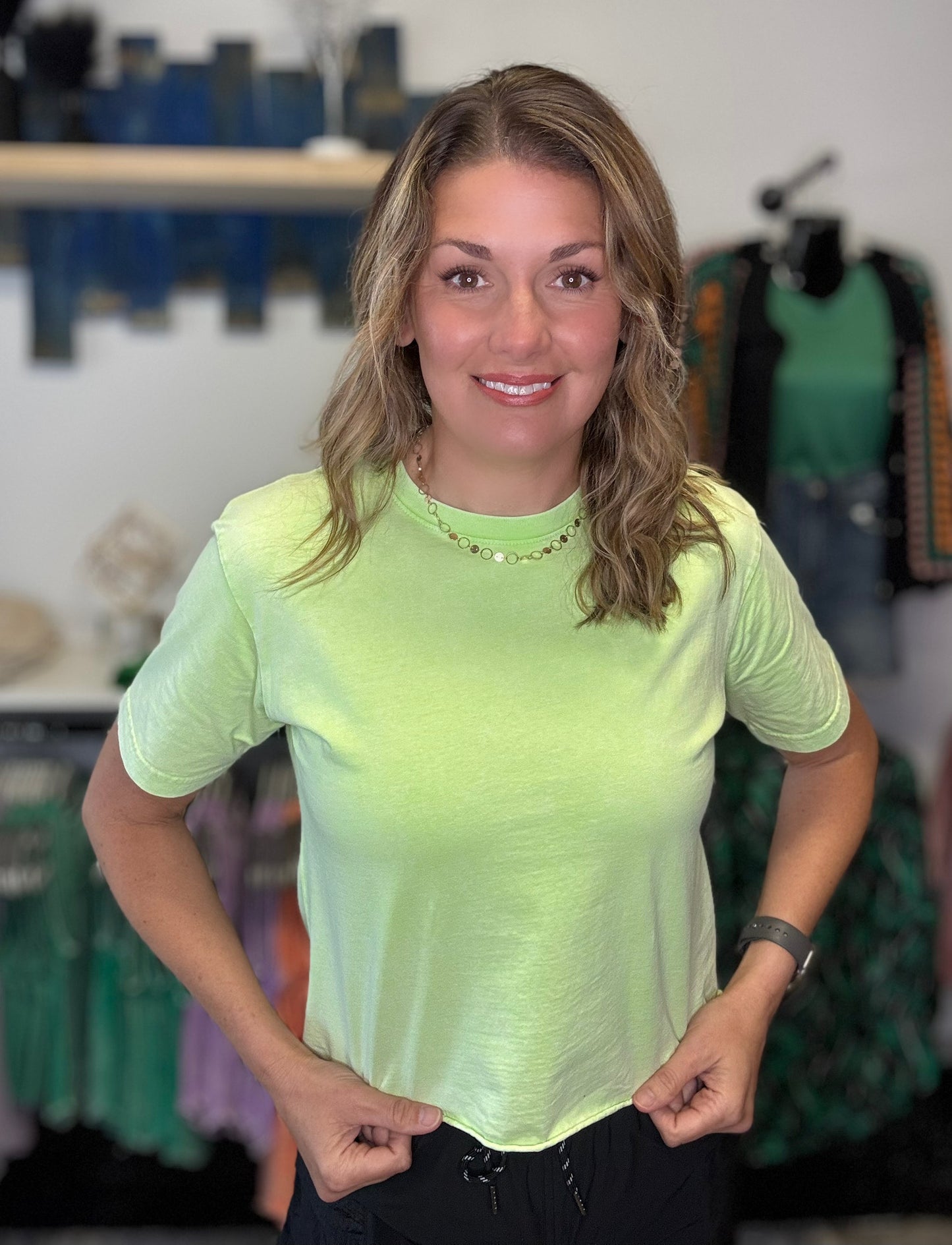 Zia Lime Relaxed Fit Raw Hem Crop Basic Tee