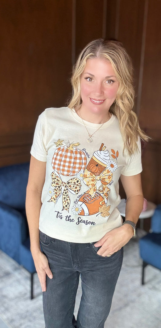 'Tis the Season Fall Vibes Graphic Tee – Pumpkin, Latte & Football Shirt
