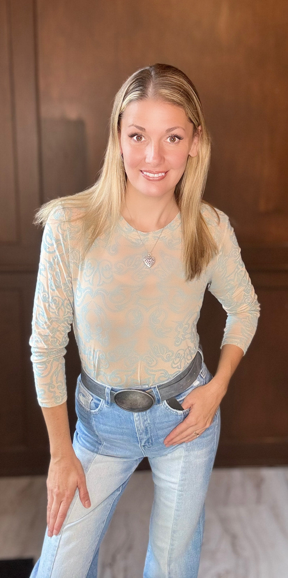 Lulu Camel & Light Blue Bootstitch Embroidered Mesh Long Sleeve Top | Western Cowgirl Rodeo Blouse