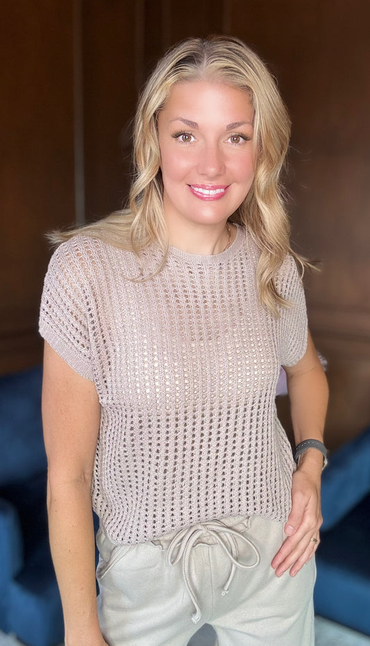 Emma crochet short sleeve sweater with open weave detail

