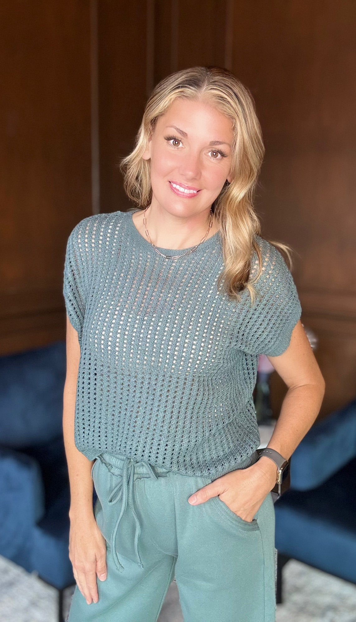 Emma crochet short sleeve sweater with open weave detail

