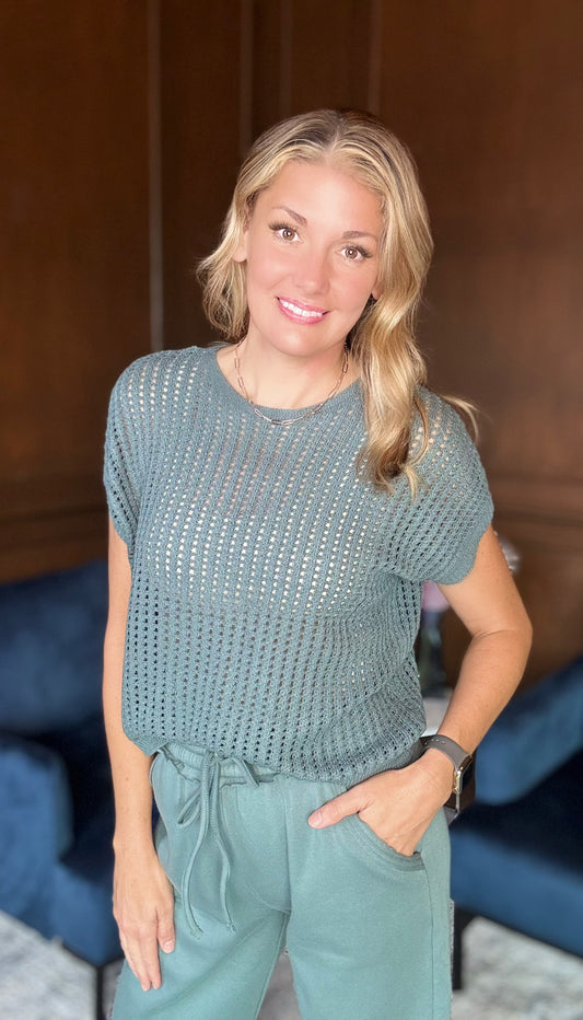 Emma crochet short sleeve sweater with open weave detail

