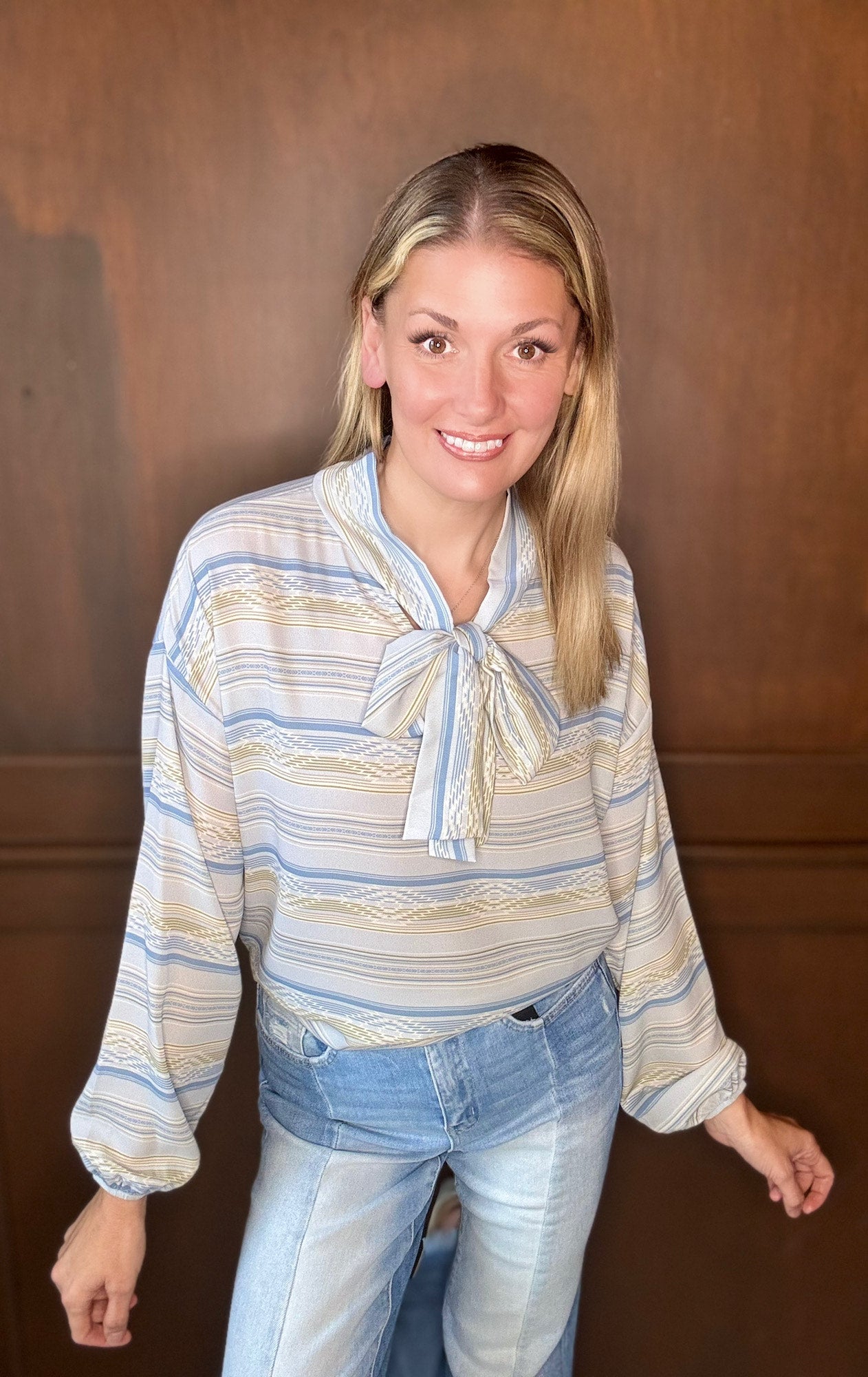 Leslie Blue Aztec Serape Print Long Sleeve Blouse with Tie Neck | Western Boho Cowgirl Top