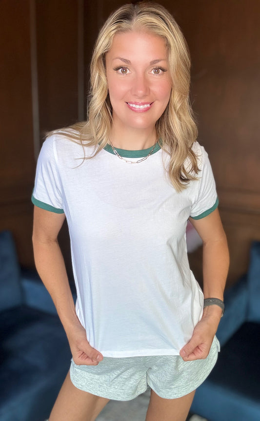 Charlie contrast sleeve ringer tee in white with green trim

