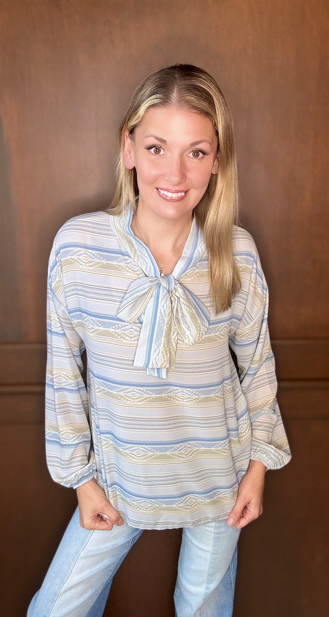 Leslie Blue Aztec Serape Print Long Sleeve Blouse with Tie Neck | Western Boho Cowgirl Top