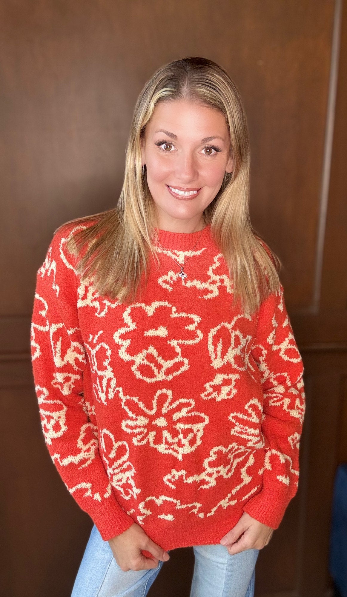 Perfect Orange Boucle Floral Knit Sweater – Cozy Statement Layer