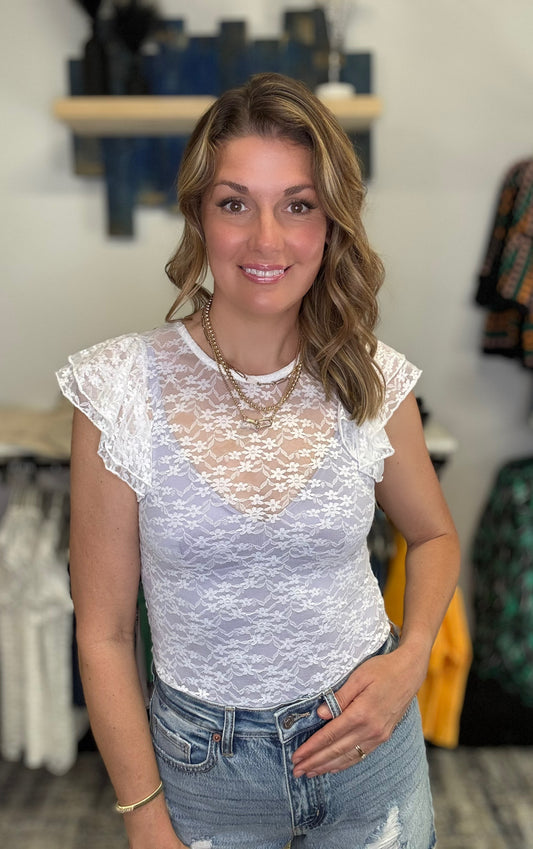 Skyla Sheer Lace Ruffle Sleeves Top