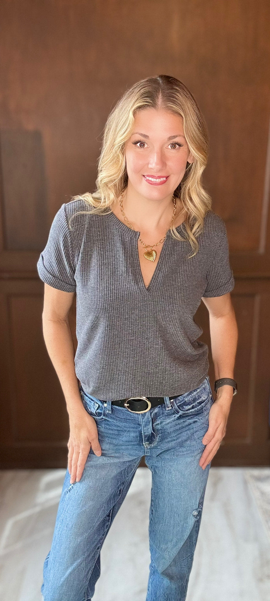 Jinx Mélange Baby Waffle Henley Short Sleeve Top – Casual Textured Tee