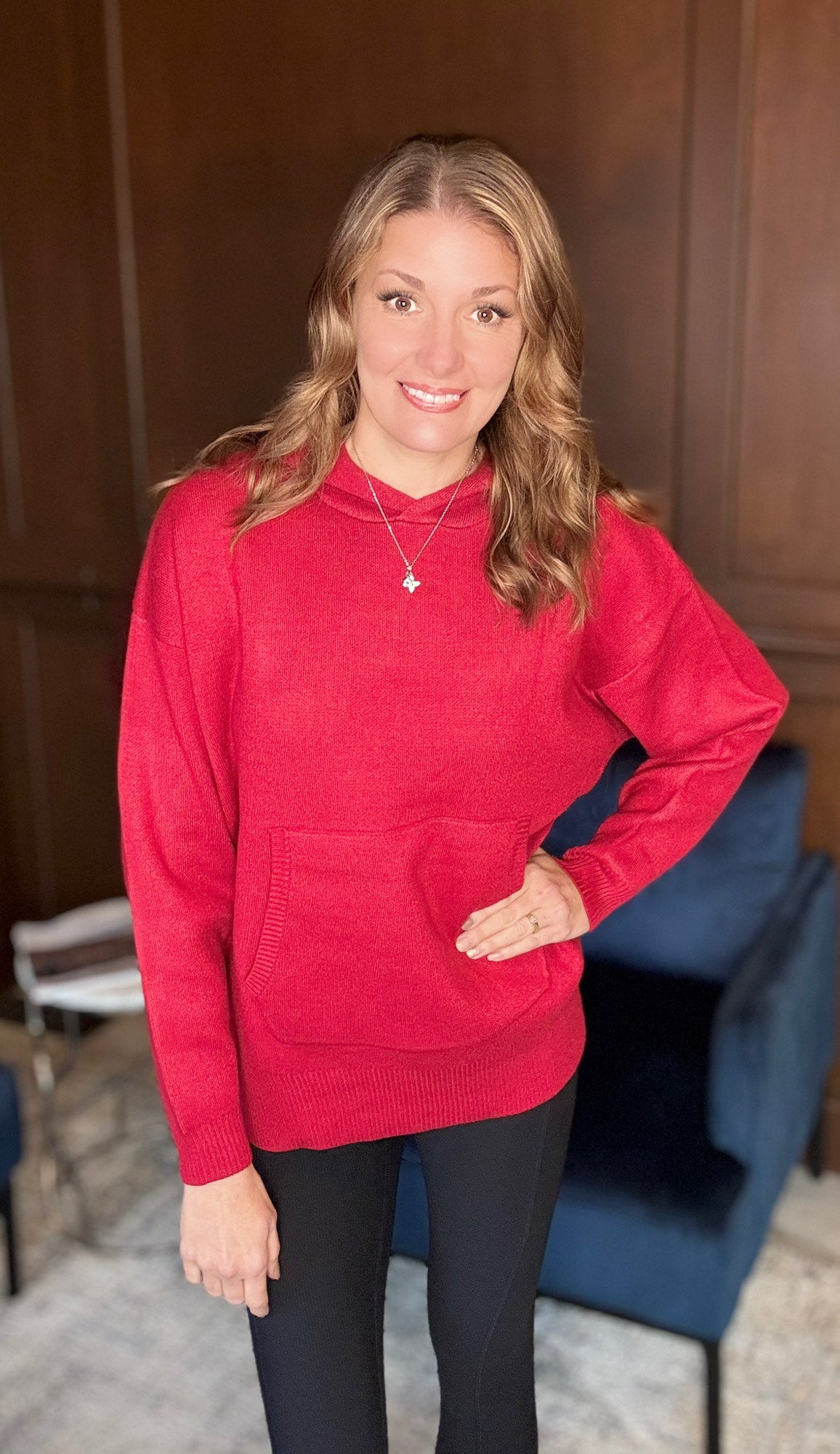 Osage Oversized Knit Hoodie Sweater – Cozy Fall Essential in Evergreen, Grey & Red