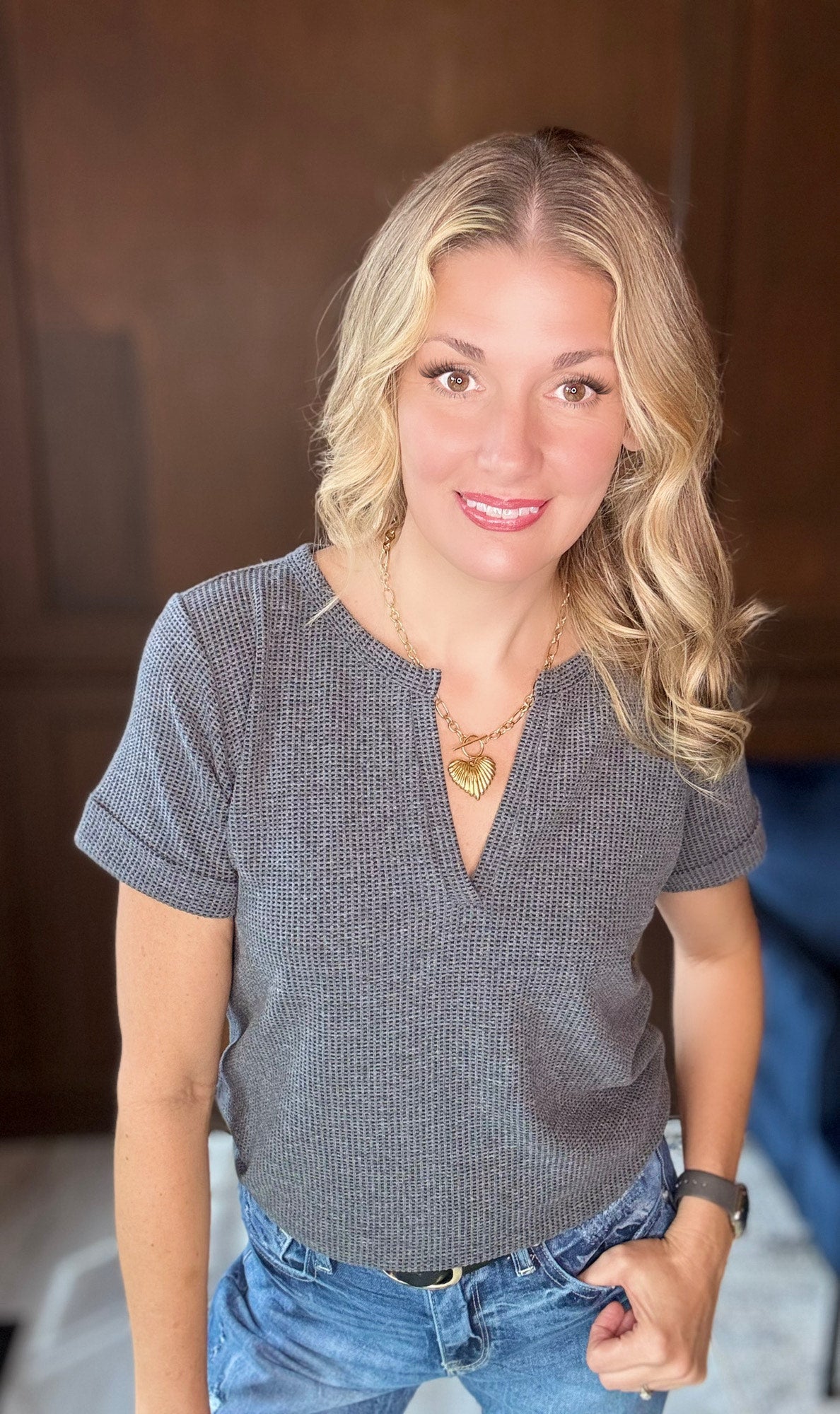 Jinx Mélange Baby Waffle Henley Short Sleeve Top – Casual Textured Tee