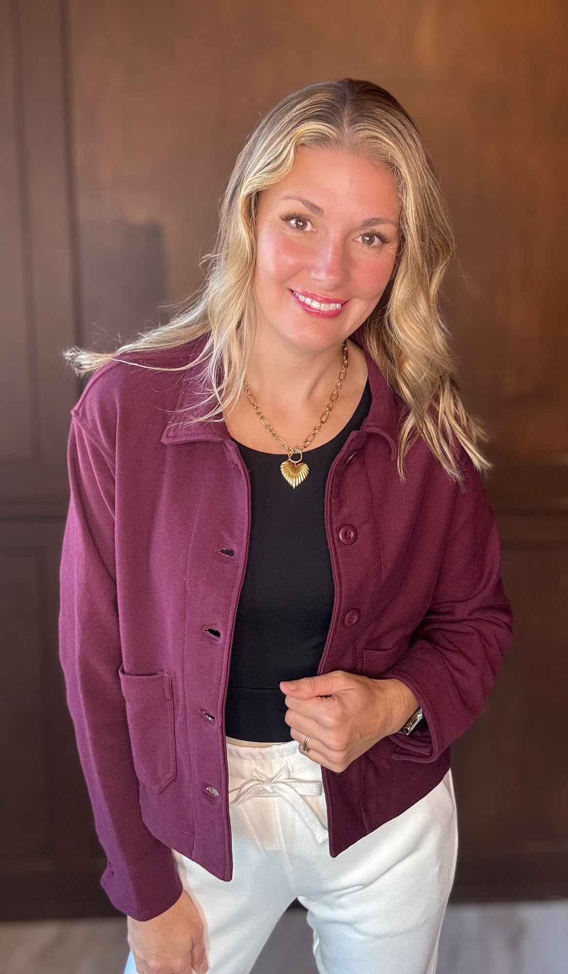 Maybelle Cotton Stretch Relaxed Jacket – Burgundy Twill Button-Up