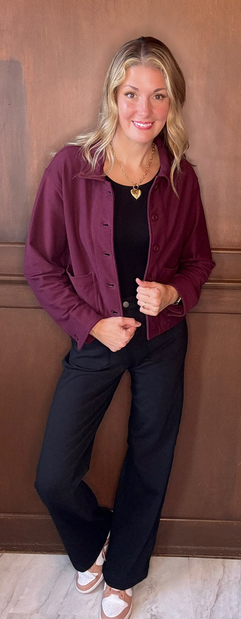Maybelle Cotton Stretch Relaxed Jacket – Burgundy Twill Button-Up