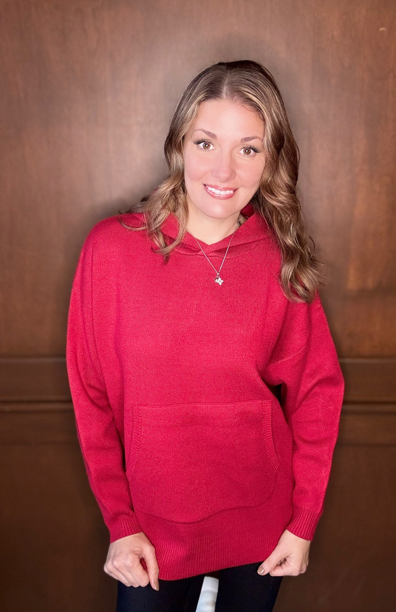 Osage Oversized Knit Hoodie Sweater – Cozy Fall Essential in Evergreen, Grey & Red