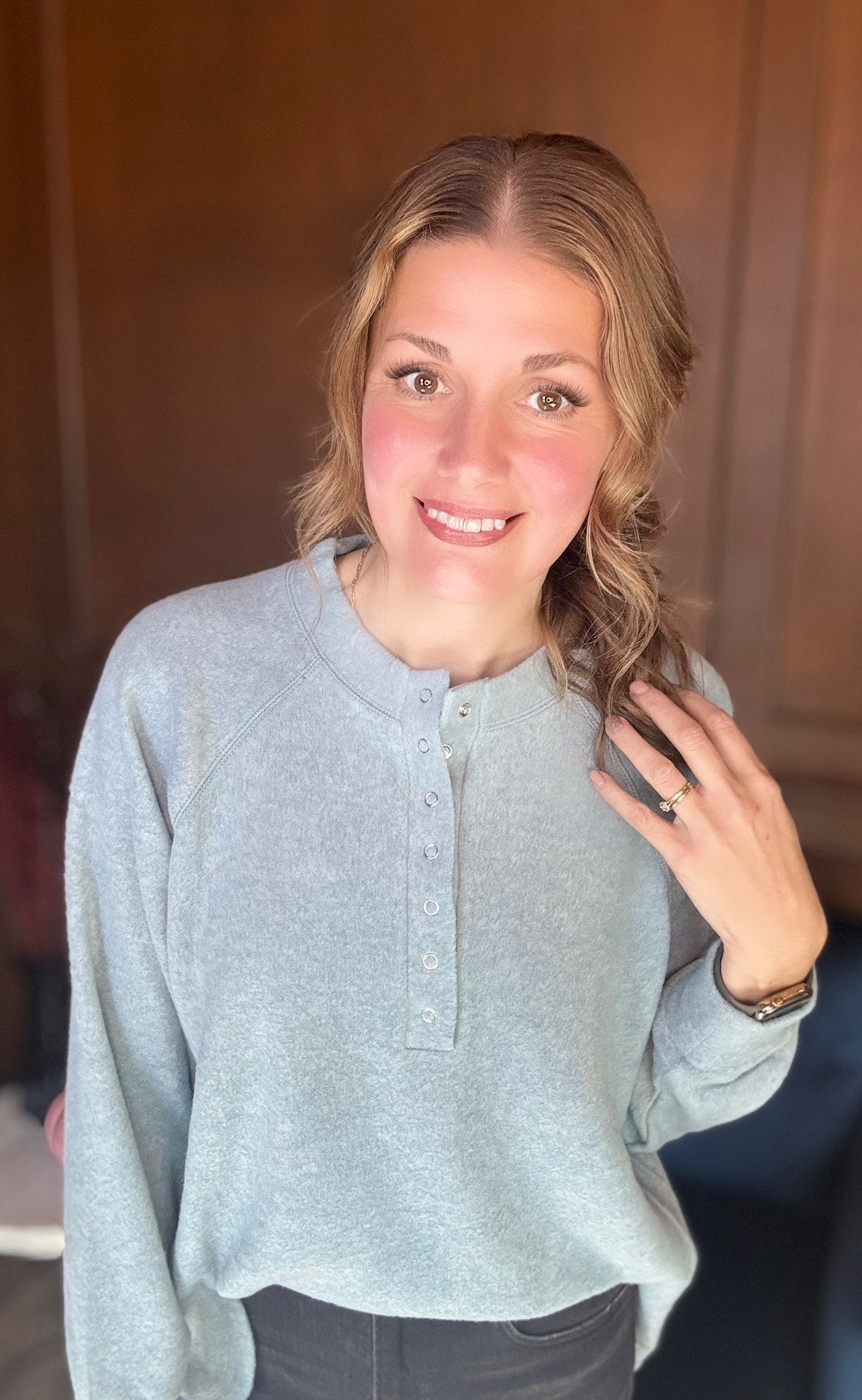 Maxine Brushed Mélange Hacci Oversized Henley Sweater – 7-Button Hi-Low Pullover