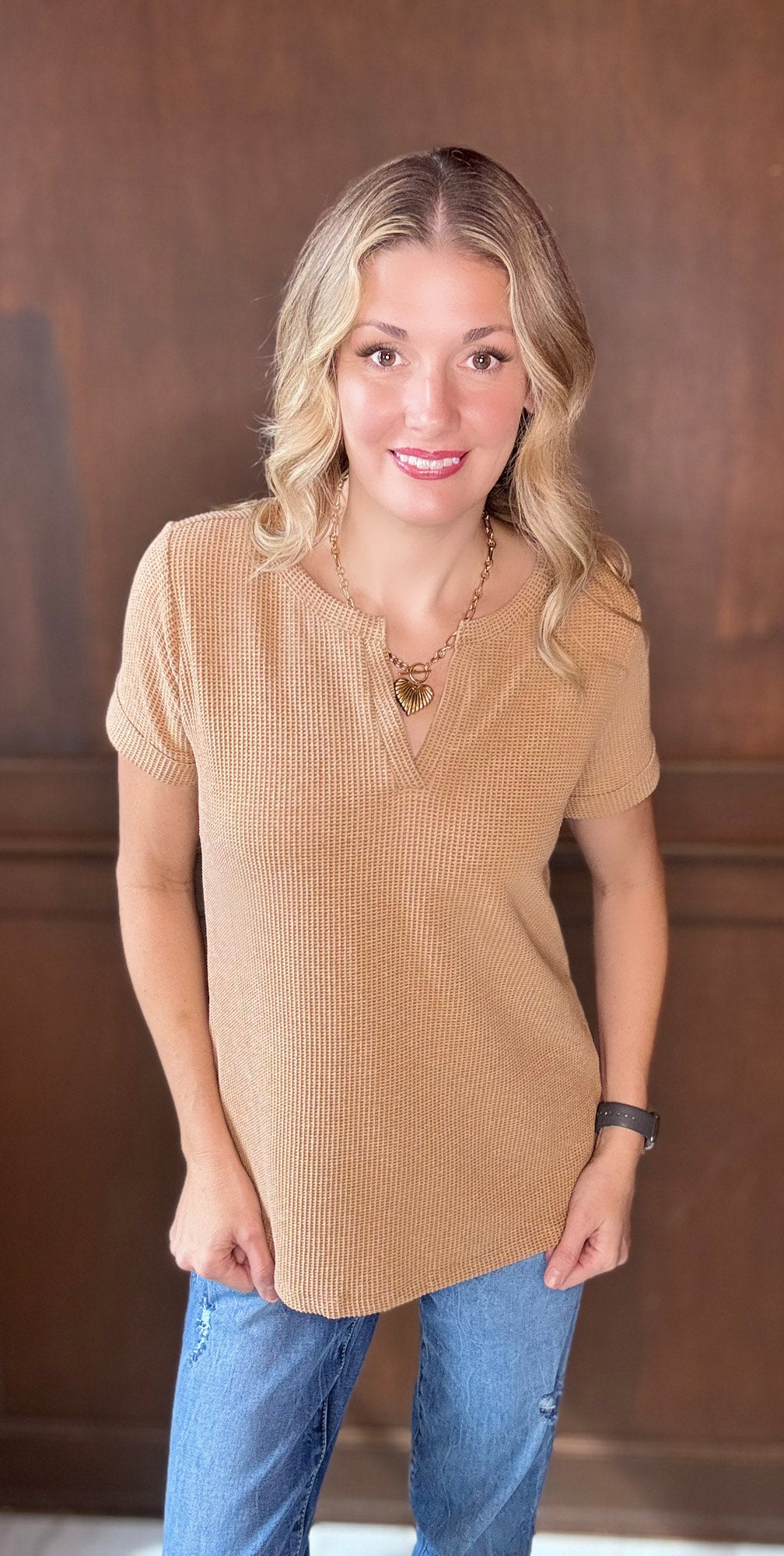 Jinx Mélange Baby Waffle Henley Short Sleeve Top – Casual Textured Tee