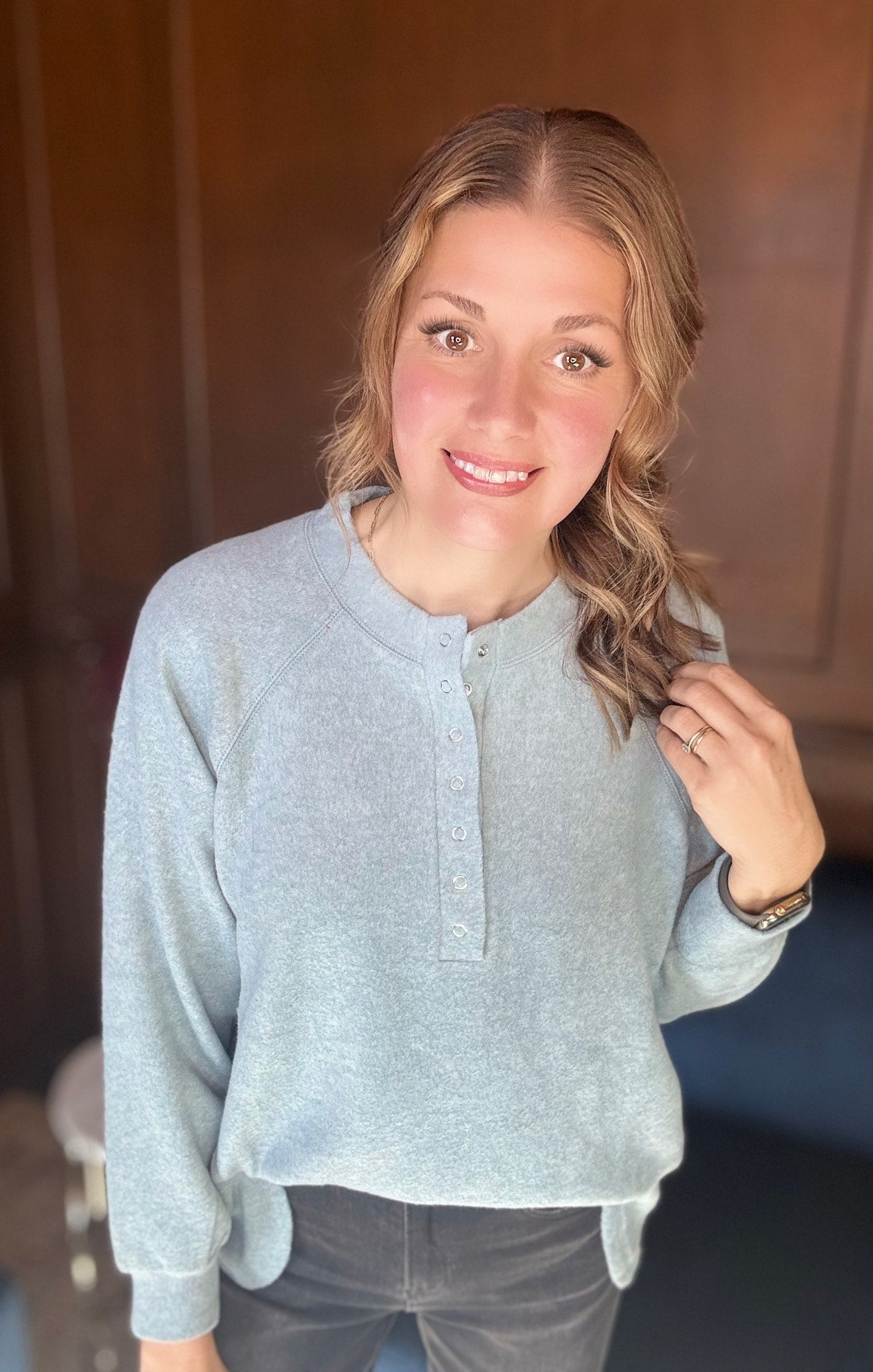 Maxine Brushed Mélange Hacci Oversized Henley Sweater – 7-Button Hi-Low Pullover