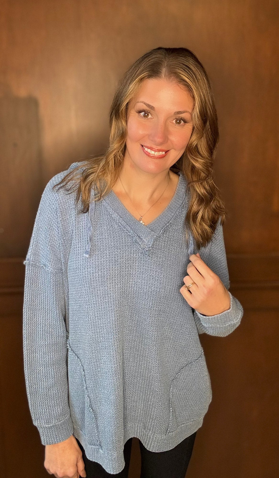 Jynx Mineral Washed Waffle Oversized Lounge Hoodie – Dusty Denim & Oatmeal