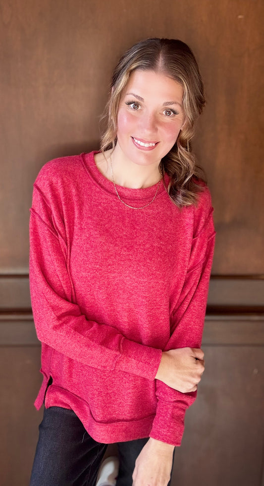 Anita Brushed Melange Hacci Oversized Sweater – Exposed Seam Hi-Low Hem