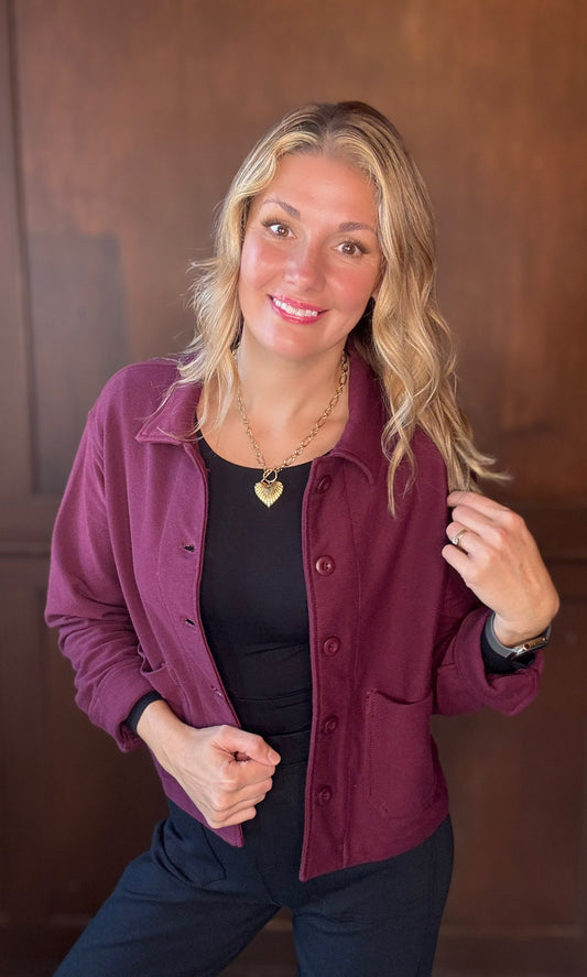 Maybelle Cotton Stretch Relaxed Jacket – Burgundy Twill Button-Up