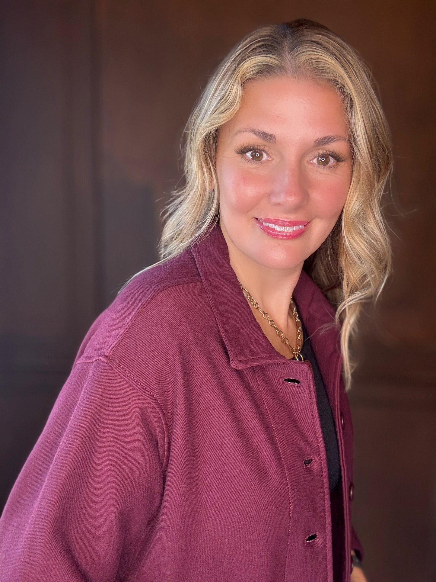 Maybelle Cotton Stretch Relaxed Jacket – Burgundy Twill Button-Up