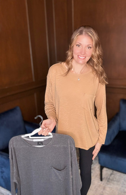 Archie Mineral Washed Long Sleeve Top – Soft Round Neck Pocket Tee