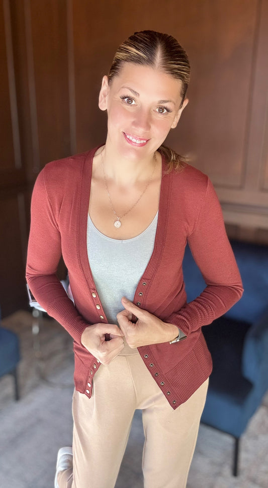 Snap Button Ribbed Cardigan – Available in Rust or Black
