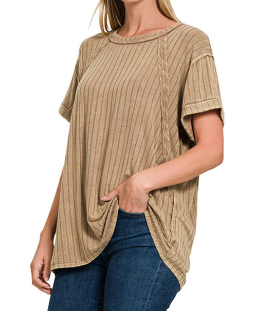 Selena Ribbed Short Sleeve Boat Neck Top in acid wash finish

