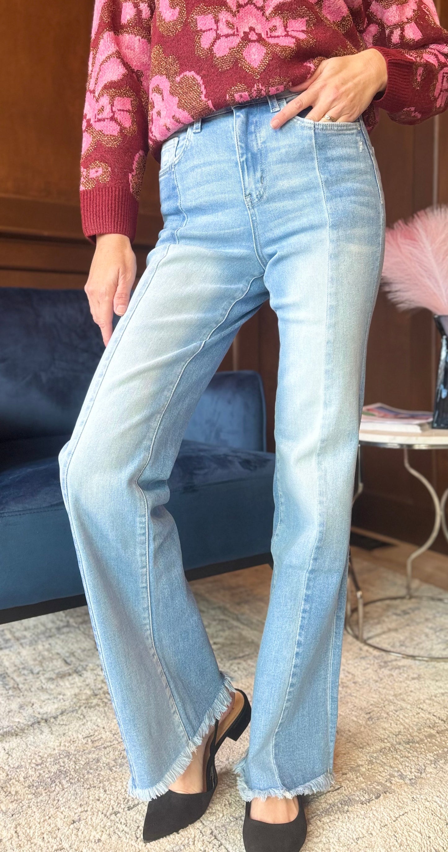 Farrah 90’s Vintage Super High Rise Flare Jeans – Double Panel Distressed