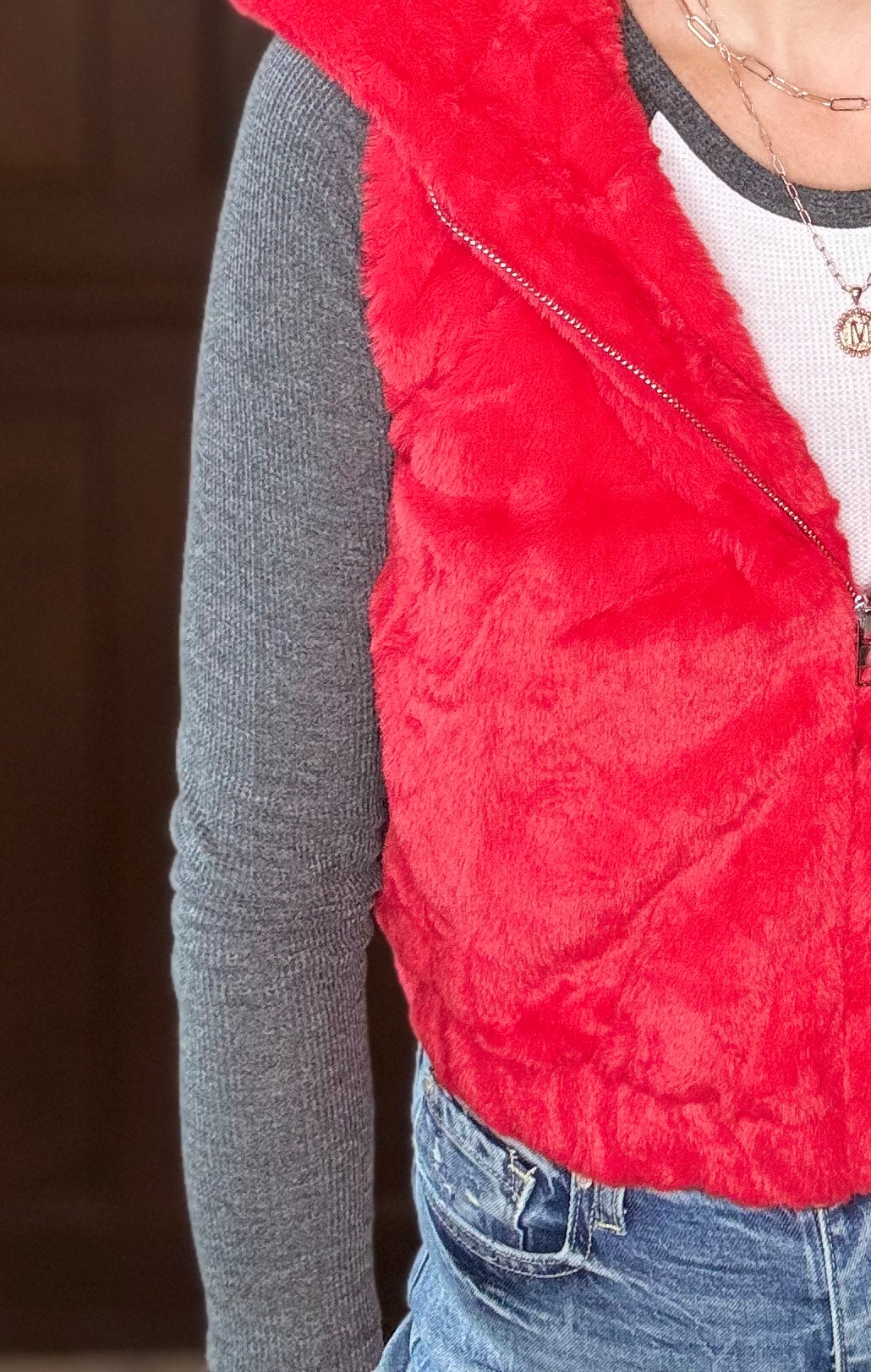Amanda Faux Fur Hoodie Vest – Cozy Red Layering Piece