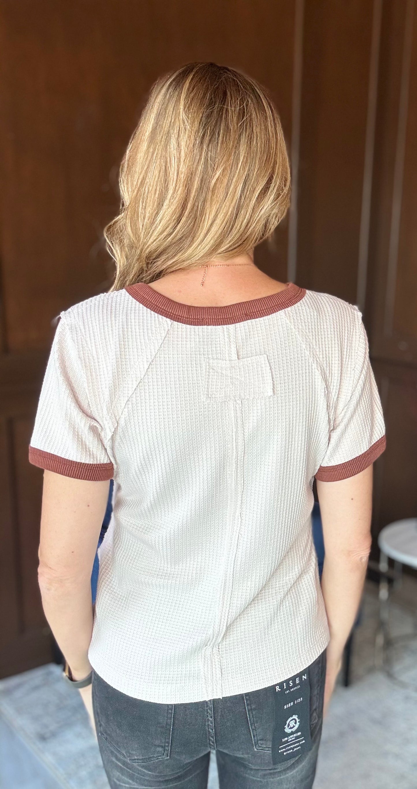 Raze Textured Waffle Tee – Raw Edge Everyday Top in Taupe & Rust