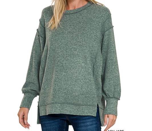 Anita Brushed Melange Hacci Oversized Sweater – Exposed Seam Hi-Low Hem