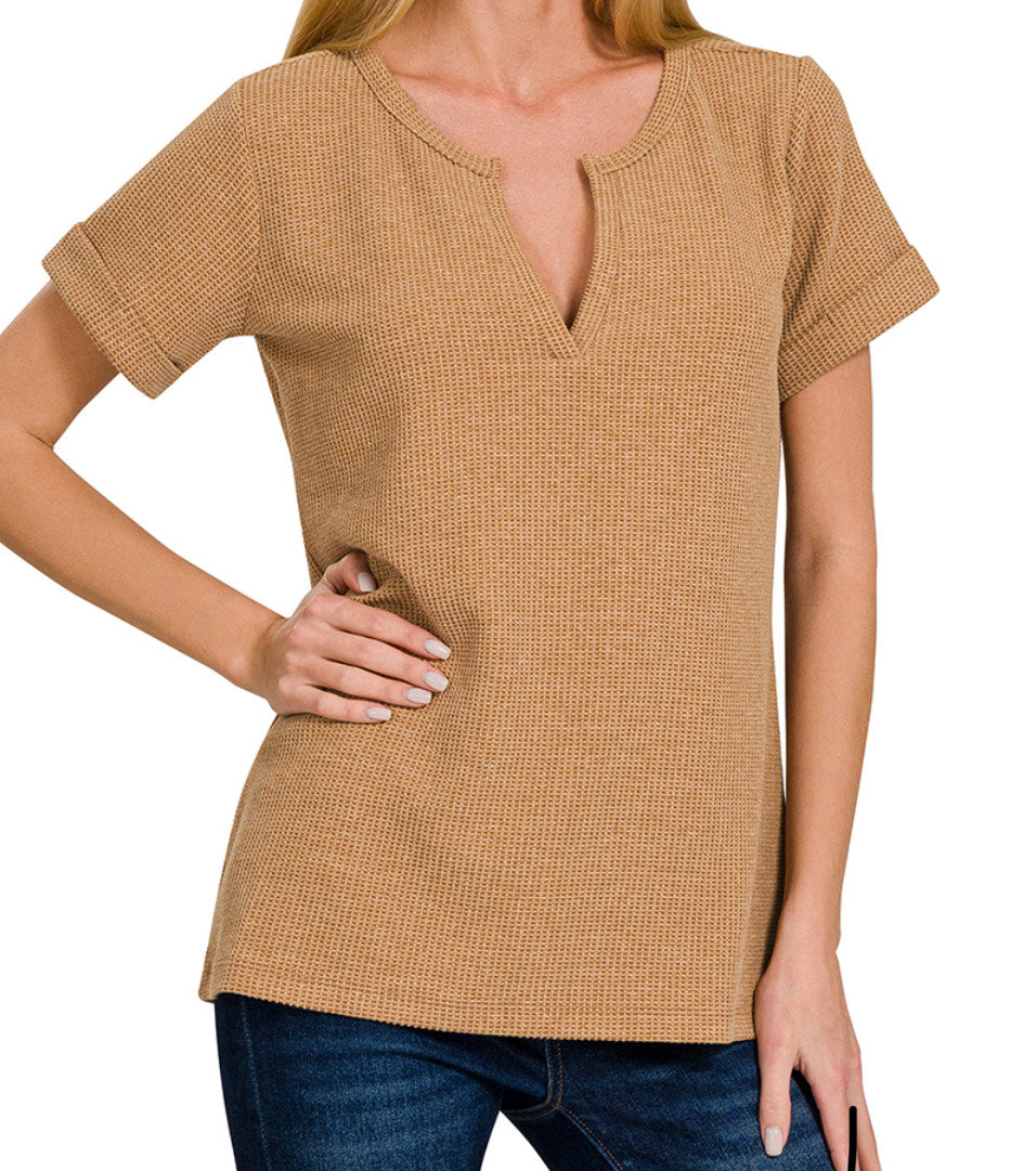 Jinx Mélange Baby Waffle Henley Short Sleeve Top – Casual Textured Tee