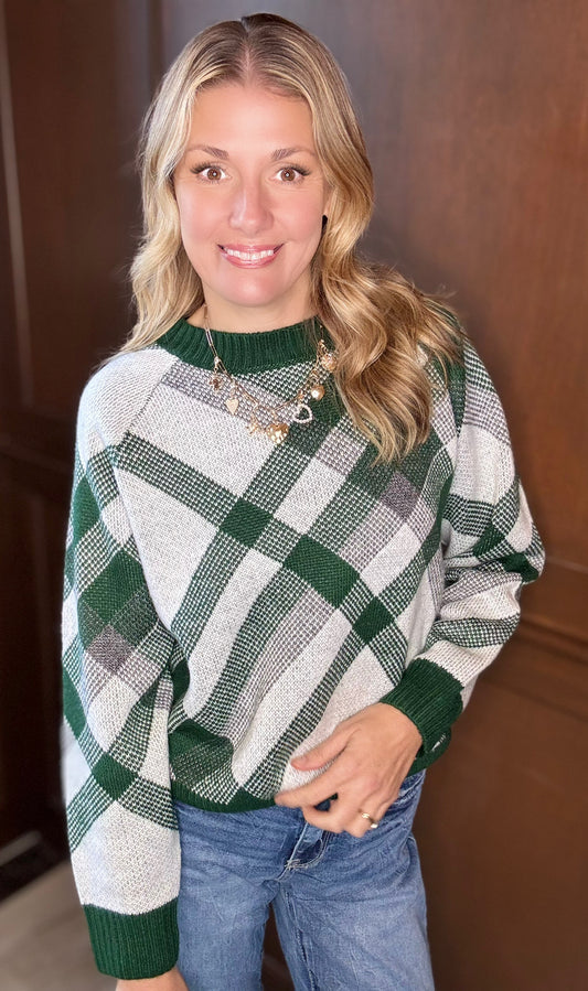 Salma Long Sleeve Jacquard Sweater Top – Green Patterned Knit
