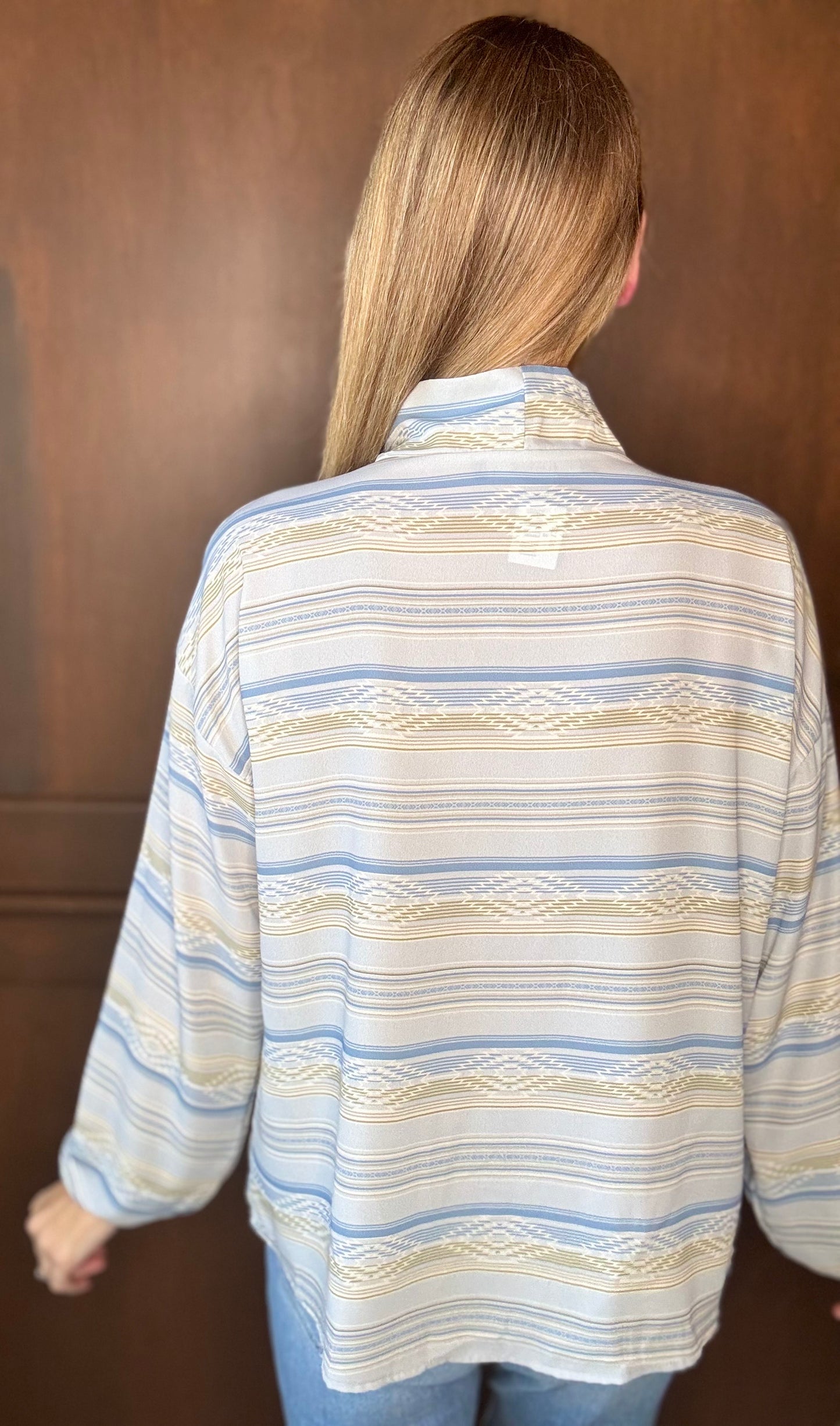 Leslie Blue Aztec Serape Print Long Sleeve Blouse with Tie Neck | Western Boho Cowgirl Top