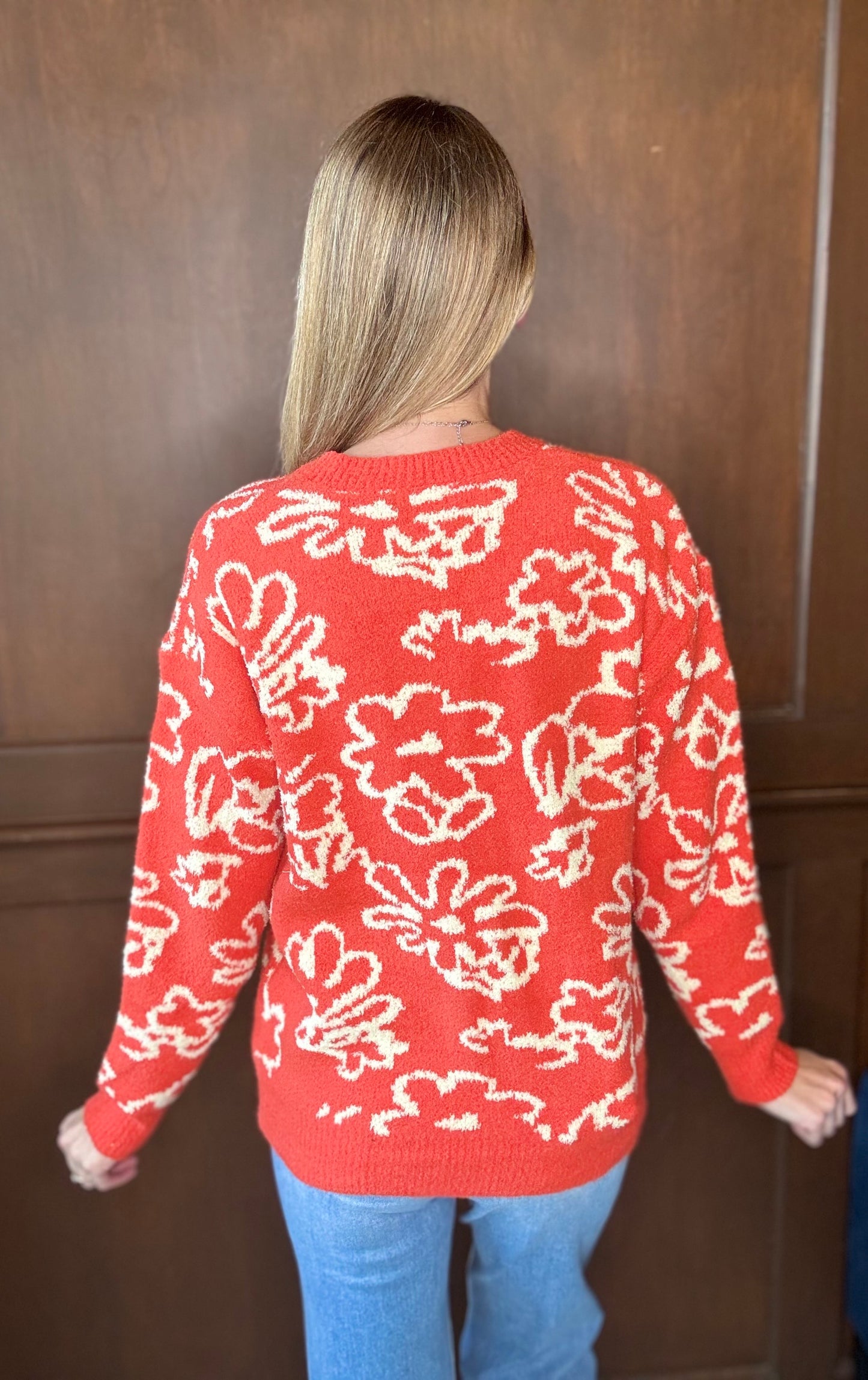 Perfect Orange Boucle Floral Knit Sweater – Cozy Statement Layer