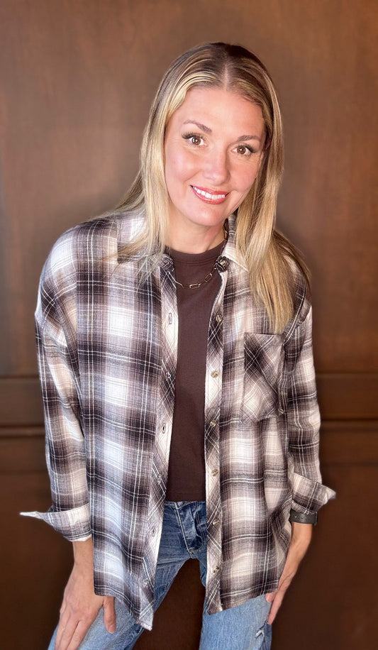 Breah Dark Shade Plaid Flannel – Oversized Ultra-Soft Button Down
