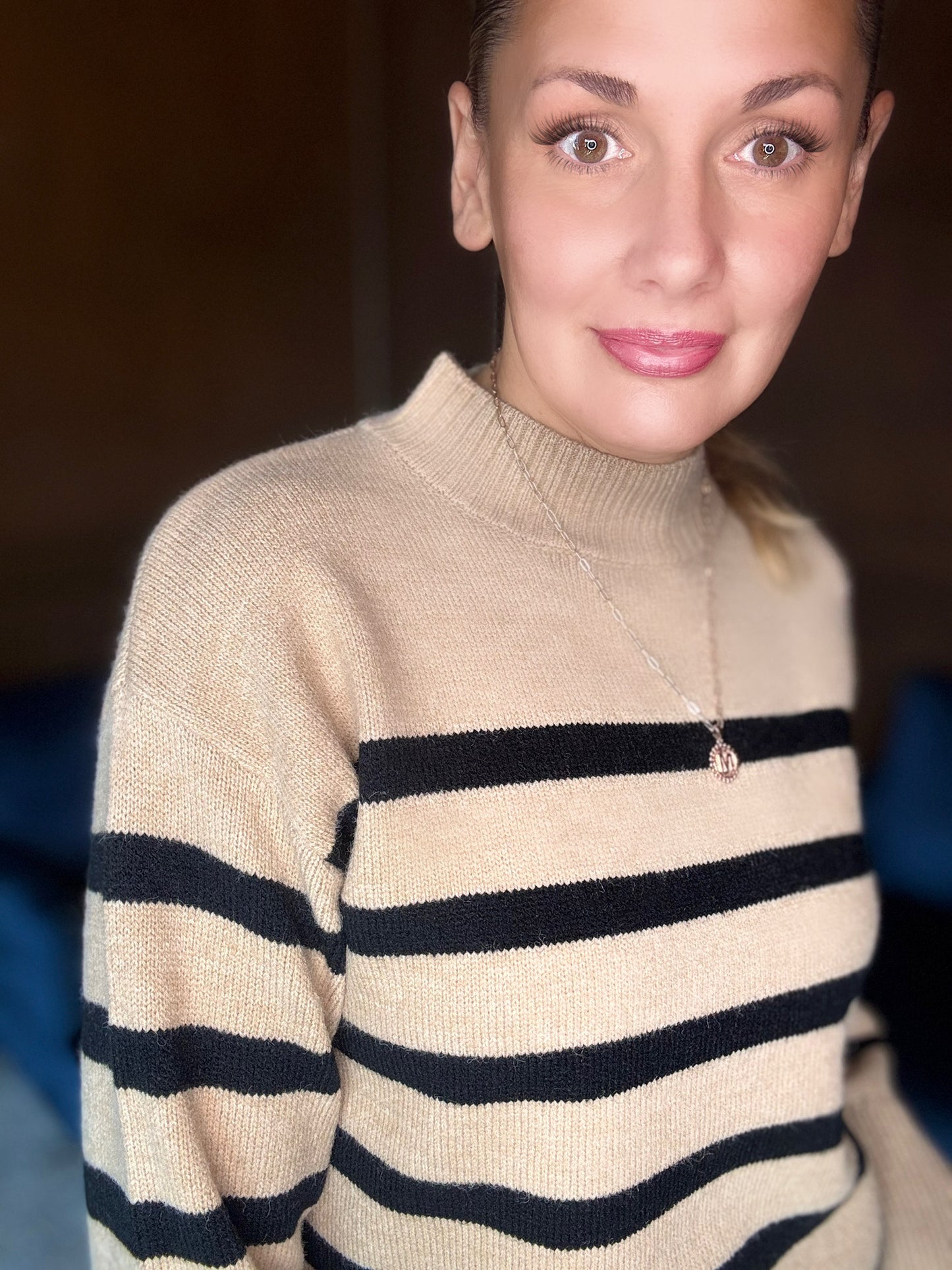 Gretchen Classic Striped Mock Neck Sweater – Camel & Black Knit