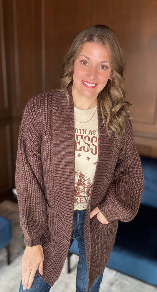 Avalon Chunky Long Knit Cardigan – Chocolate Cozy Layering Essential