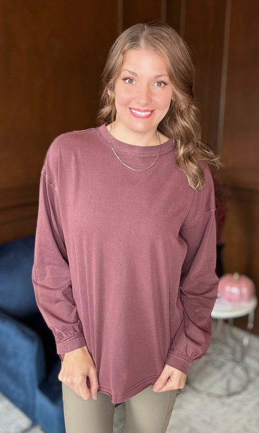 Russo Pigment Washed Cotton Edge Crew – Relaxed Raw Edge Long Sleeve Top
