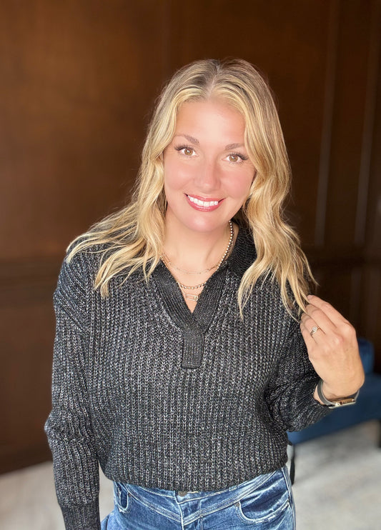 Rita Collared Sweater – Melange V-Neck Knit