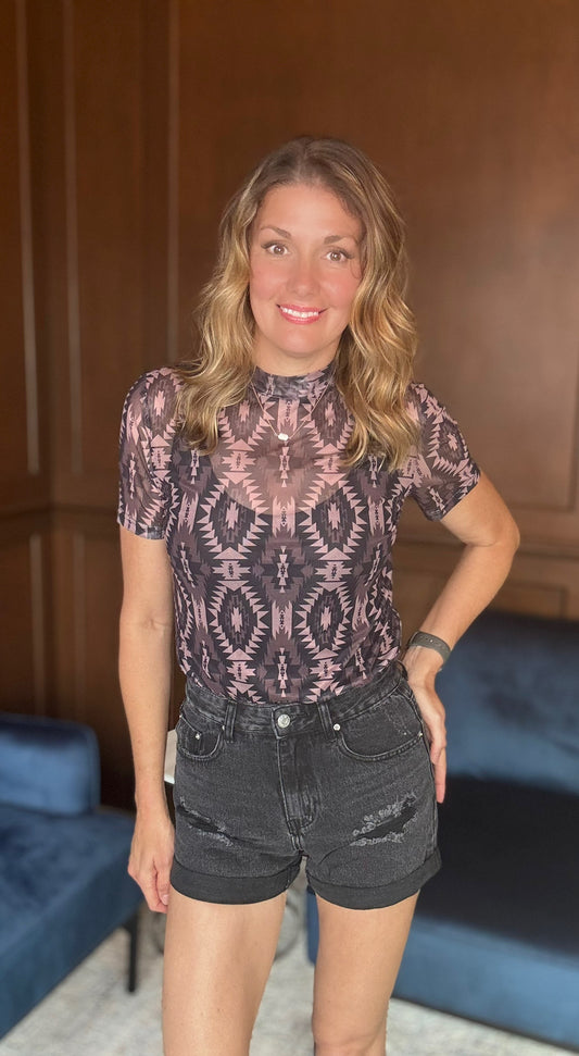 Lola Aztec Mesh Mock Neck Top
