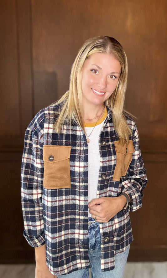 Allison Suede Pocket Plaid Shacket – Budget-Friendly Fall Layering Piece