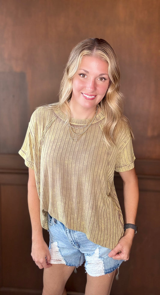Betty Acid Washed Ribbed Short Sleeve Top – Mocha | Soft Ribbed Fall Tee